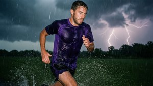Josh Jacobs springer i kraftigt regn, dramatisk stämning.