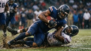 Jalen Mills fazendo um tackle na chuva, lama e desfoque de movimento. — Mill Papéis de Parede