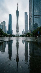 Foto sudut rendah kreatif dari Menara Canton yang terpantul di genangan air hujan