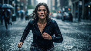 Uma mulher correndo através de uma tempestade de chuva com determinação, mostrando resiliência e perseverança. — Strong Woman Papéis de Parede