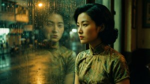 Kvinde i cheongsam kigger gennem et regnstribet vindue med lagdelt refleksion i dæmpede toner.