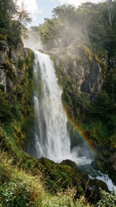 Vertikalt fossefall i Patagonia med regnbue og tåke.