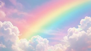 Wallpaper gradien pelangi pastel lembut dengan awan berbulu, mimpi dan ceria.