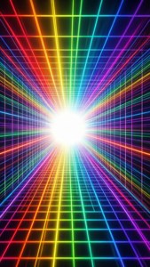 Una griglia vaporwave arcobaleno vibrante con linee convergenti verso un centro bianco.