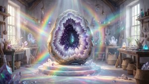 Ethereal magische werkplaats wallpaper met regenboog kristal geode