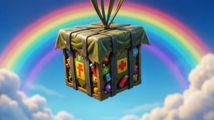 Fornecimento do Fortnite caindo com um arco-íris ao fundo.