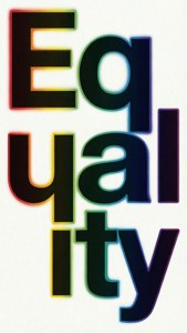 Fed 'Ligestilling' tekst i regnbuegradient på hvid baggrund, typografisk kunst.