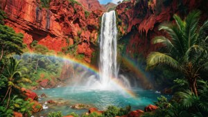 Air terjun raksasa di tebing gunung merah dengan pelangi di atas kolam biru kehijauan
