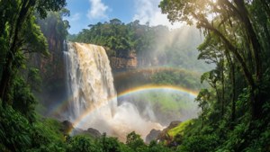 A massive waterfall with rainbow in a lush forest