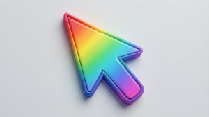 Un cursor de flecha con degradado arcoíris vibrante sobre un fondo gris claro.