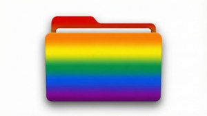 Ein lebendiges Hintergrundbild eines Mac-Ordnersymbols mit einem Regenbogenverlauf auf einem sauberen weißen Hintergrund.