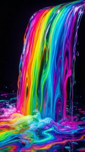 Eine fließende Regenbogenkaskade mit Neonfarben, die sanft ineinander übergehen.