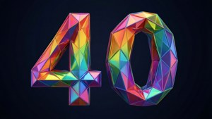 Arco-íris facetado 40 em low-poly sobre fundo escuro.