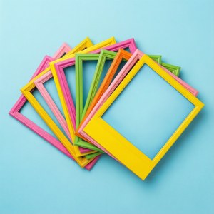 A colorful stack of polaroid frames on a pastel blue background.