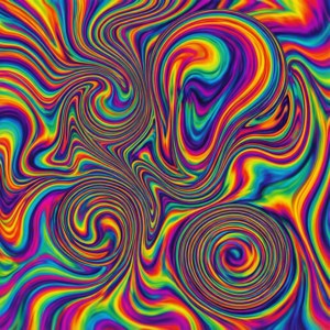 Trippy psykedeelisiä orgaanisia muotoja täydessä sateenkaaressa.