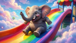Gajah Emily meluncur menuruni perosotan pelangi yang ajaib.