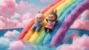 Bubu dan Dudu meluncur menuruni pelangi ke dalam kolam permen kapas.