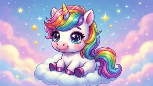 Magical kawaii unicorn sitting on a fluffy cloud.
