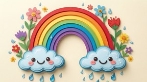 Smiling rainbow with clouds and flowers on cream background, cute and bright.