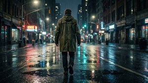Regenmantel-Figur, die in der Stadtnacht weggeht, Tapete inspiriert von M. Night Shyamalan