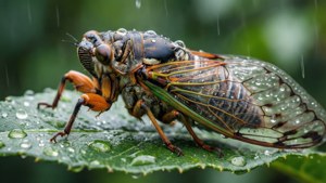 Cigarra em uma folha com gotas de chuva macro