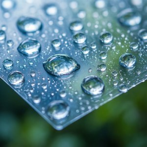 Makroskud af et blankt plastiklag dækket med vanddråber, der giver et friskt udseende.