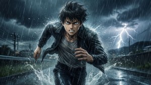 Een intense actie-achtergrond van Haruki die door een regenstorm rent