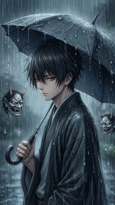 Natsume i regn med yokai-former i regndråber