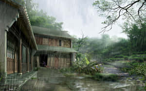 A wooden house in a rainforest during a heavy rainstorm with mist and greenery. — Rainy Background
