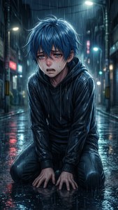 Garçon d'anime pleurant à genoux sous la pluie avec des reflets néon.