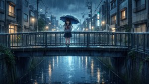 4K anime wallpaper van een meisje met een paraplu op een regenachtige kanaalbrug 's nachts