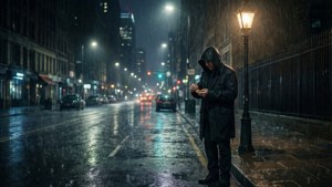 Una scena noir cinematografica di conteggio di monete sparse in un paesaggio urbano piovoso.