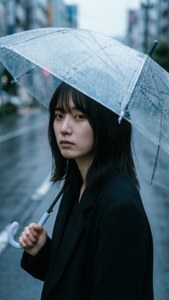 Lia loopt in de regen met een paraplu, melancholische blauwe tinten