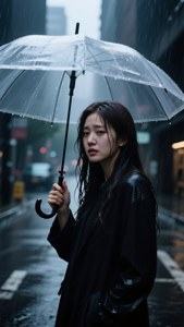 Woman holding transparent umbrella in rainy city street at night. — Taeyeon Background