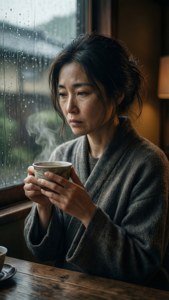 Senko-san nipper te ved et regnvindu, og gjenspeiler en stille stemning.