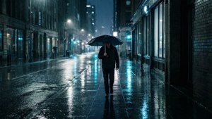 Een eenzame wandeling in de regen die stedelijke apathie vastlegt