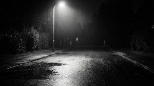 Sort-hvid fototapet af en tom, regnvåd gade om natten med en ensom gadelampe, der lyser svagt.