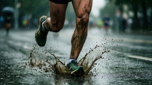 En gritty närbild tapet av maratonlöparens ben i regn och lera, med urban bakgrund och rörelseoskärpa.