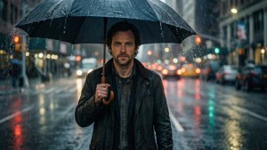 Charlie Day cammina sotto la pioggia con un ombrello, paesaggio urbano malinconico.