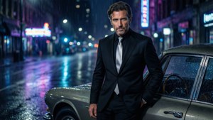 Un elegante Roberto Fontana con un'auto d'epoca in una città bagnata dalla pioggia di notte, wallpaper cinematografico