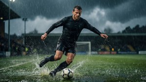 Dramatic scene of Duncan Edwards playing in the rain — Duncan Edwards Picture