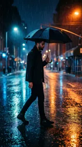 Man går i regn med paraply på våt stadsgata på natten