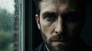 Potret noir close-up Theodore Lane dengan hujan di jendela, intens dan penuh suasana.