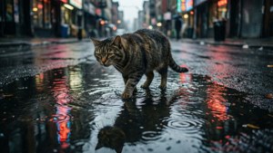 Gato andando por poças de chuva refletindo luzes de néon, cena noir cyberpunk sombria.