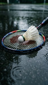 Et stemningsfullt bilde av en badmintonracket og fjærball på en våt overflate med regndråper og refleksjoner.