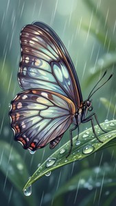 A pastel vector butterfly with translucent wings on a leaf after rain.