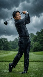 Man playing golf in heavy rain on a green course. — Kj Choi Picture