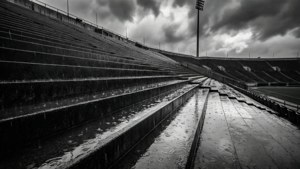 Escaleras y asientos vacíos del estadio mojados por la lluvia en blanco y negro melancólico