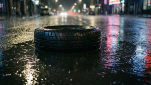 Et dæk i en vandpyt, der reflekterer neonlys på en regnfuld nat.