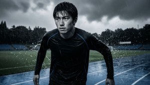 Athlete running in rain on a track under stormy sky